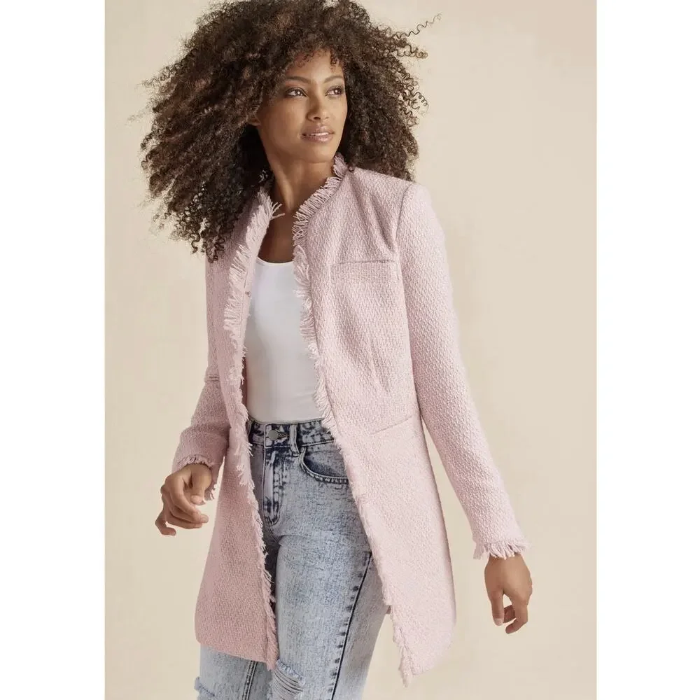 Venus Open Front Tweed Fringe Jacket, light pink Long size medium Size 8 Career - Picture 1 of 12